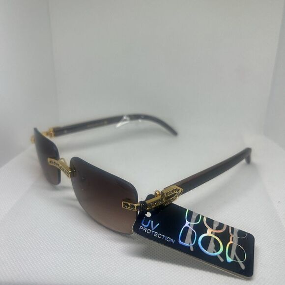 Rimless Rhinestone Wood Print Women’s Sunglasses - Picture 1 of 3